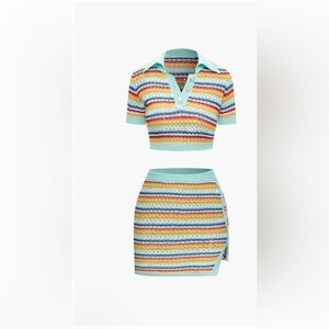 NWT! Striped Open Knit Crop Top and Slit Mini Skirt Set L